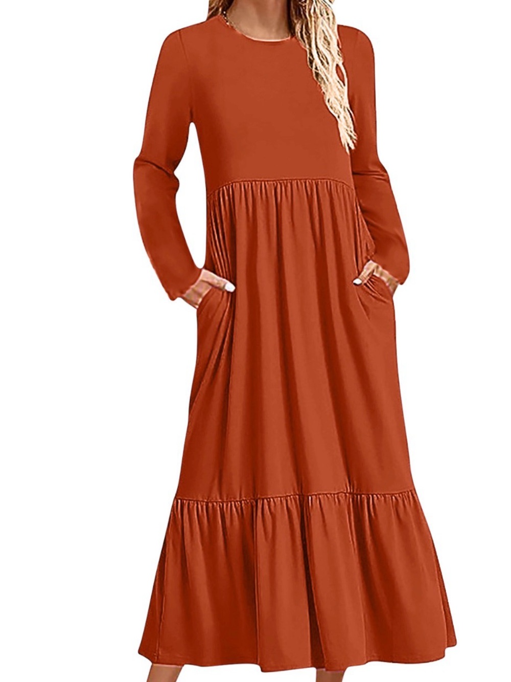 Zesica long sleeve casual maxi dress in burnt orange